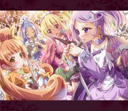  4girls aida_mana blonde_hair blue_hair blush brown_eyes brown_hair choker closed_eyes cure_diamond cure_heart cure_rosetta cure_sword dokidoki!_precure electric_guitar flute guitar highres hishikawa_rikka inoshishi_(ikatomo) instrument japanese_clothes kenzaki_makoto letterboxed multiple_girls pink_eyes ponytail precure purple_hair smile twintails violet_eyes yotsuba_alice 