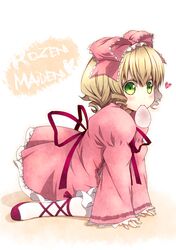  all_fours blonde_hair blush bow cross-laced_footwear curly_hair drill_hair food green_eyes hair_bow heart hina_ichigo kouji_(campus_life) mouth_hold rozen_maiden 