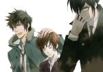  1girl 2boys black_hair brown_hair ginoza_nobuchika glasses hand_on_head jacket kougami_shin&#039;ya loose multiple_boys necktie psycho-pass short_hair simple_background tears tsunemori_akane unohana 