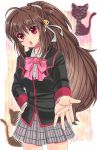  1girl brown_hair cat little_busters!! long_hair natsume_rin otsuki38 ponytail red_eyes school_uniform silhouette 