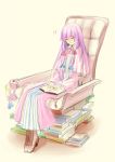  1girl ayahono book boots capelet cloak closed_eyes dress full_body hair_ribbon hat hat_removed headwear_removed long_hair open_book patchouli_knowledge purple_hair ribbon sitting sleeping striped striped_dress touhou tress_ribbon vertical_stripes 