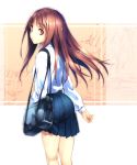  1girl bag brown_hair from_behind kikurage_(plastic_people) long_hair looking_back original parted_lips pleated_skirt red_eyes school_bag school_uniform skirt solo 