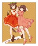  2girls :3 animal_ears bloomers bow brown_eyes brown_hair cat_ears cat_tail character_name chen dress hands_clasped inaba_tewi jewelry looking_at_viewer looking_back mob_cap multiple_girls multiple_tails pink_dress polka_dot polka_dot_background rabbit_ears short_hair single_earring skirt skirt_set smile ta_(tama2623) tail touhou underwear 