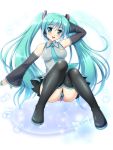  1girl character_name detached_sleeves green_eyes green_hair hatsune_miku headset long_hair musical_note necktie open_mouth sitting skirt solo sorairo_tsukiiro star thigh-highs thigh_boost twintails very_long_hair vocaloid 