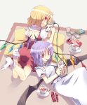  2girls :d bat_wings commentary_request cup fang flandre_scarlet game_boy lying mouth_hold multiple_girls on_back on_stomach open_mouth red_eyes remilia_scarlet satoukibi smile teacup touhou wings 