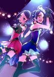  2girls bare_shoulders belt black_gloves black_legwear chiyo_(rotsurechiriha) choker dokidoki!_precure gloves headset holding_hands idol kenzaki_makoto kurokawa_ellen long_hair multiple_girls pointing precure purple_hair short_hair side_ponytail singing skirt smile suite_precure thigh-highs violet_eyes yellow_eyes 