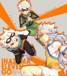  3boys blue_hair gloves goalkeeper goggles goggles_on_head hakuryuu_(inazuma_eleven) headband ibuki_munemasa inazuma_eleven_(series) inazuma_eleven_go inazuma_eleven_go_chrono_stone inazuma_eleven_go_galaxy jaenbba lightning_bolt long_hair male multicolored_hair multiple_boys red_eyes saryuu_evan shinsei_inazuma_japan smile soccer_uniform two-tone_hair unlimited_shining violet_eyes white_hair 