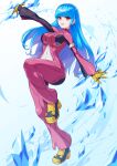  1girl ass bangs belt blue_hair bodysuit breasts cryokinesis eyebrows_visible_through_hair full_body gloves highres ice kula_diamond long_hair looking_at_viewer medium_breasts simple_background smile the_king_of_fighters the_king_of_fighters_xv violet_eyes white_background yagi2013 zipper 