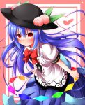  1girl blue_hair blush bow food fruit hat heart highres hinanawi_tenshi long_hair looking_at_viewer peach pout red_eyes simple_background skirt skirt_set solo standing touhou wakagi_repa 