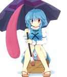  1girl blue_eyes blue_hair breasts fuuen_(akagaminanoka) heterochromia karakasa_obake long_sleeves panties pantyshot pantyshot_(sitting) red_eyes short_hair sitting solo tatara_kogasa tongue touhou umbrella underwear 