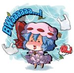  1girl :3 :d bag bat_wings bloomers blue_hair blush bow brooch chibi closed_eyes detached_wings dress english hat hat_bow jewelry leaf lipstick makeup mini_wings minigirl noai_nioshi open_mouth plastic_bag remilia_scarlet ribbon smile solo touhou underwear wind wings 