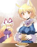  2girls aburaage animal_ears blush breasts dress elbow_gloves food fox_ears fox_tail gloves hammer_(sunset_beach) hat impossible_clothes impossible_shirt long_hair multiple_girls no_hat no_headwear plate purple_dress short_hair table tail touhou very_long_hair yakumo_ran yakumo_yukari yellow_eyes 