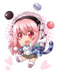  1girl animal_ears blush cat_ears chibi headphones hooded_jacket long_hair long_sleeves looking_at_viewer nitroplus okitakung open_clothes open_jacket open_mouth outstretched_arms pink_eyes pink_hair shirt skirt smile solo super_sonico 