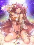  1girl bare_shoulders blue_eyes breasts crystal fingerless_gloves gloves instant-ip looking_at_viewer navel open_mouth purple_hair solo spread_legs 