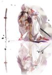  1boy 1girl adult age_difference black_hair closed_eyes different_reflection fire-crysta1_(deathkuramu) floral_print fur inuyasha japanese_clothes kimono long_hair petals pointy_ears reflection rin_(inuyasha) sesshoumaru silver_hair sleeping sword weapon 
