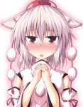  1girl animal_ears blush bust commentary_request detached_sleeves fang fookun hands_clasped hat hat_ribbon highres inubashiri_momiji long_sleeves open_mouth pink_eyes ribbon shirt short_hair silver_hair solo tokin_hat touhou wide_sleeves wolf_ears 