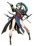  1girl absurdres armor boots dual_wielding earrings fire_emblem fire_emblem:_kakusei fire_emblem:_rekka_no_ken full_body fur_trim green_eyes green_hair high_ponytail highres jewelry long_hair lyndis_(fire_emblem) miwa_shirou official_art open_mouth ponytail sash scan simple_background solo sword very_long_hair weapon white_background 