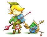  2boys blonde_hair boots closed_eyes fado hat instrument korok leaf makar multiple_boys open_mouth pointy_ears simple_background smile the_legend_of_zelda violin wind_waker 