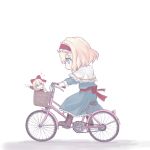  1girl alice_margatroid basket bicycle blonde_hair blue_dress blue_eyes boots bow capelet cross-laced_footwear dress hair_bow hbkhk2007 headband heart no_mouth pointing profile riding sash shanghai_doll short_hair simple_background solo touhou white_background 