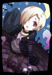  1girl bags_under_eyes bat black_legwear blonde_hair choker earrings hair_over_one_eye hoodie idolmaster idolmaster_cinderella_girls jewelry looking_at_viewer mephist-pheles moon night open_mouth pantyhose red_eyes shirasaka_koume short_hair skirt skull sleeves_past_wrists solo star 