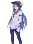  1girl adapted_costume blue_hair contemporary food fruit hands_in_pockets hat hinanawi_tenshi jacket jeans light_smile long_hair peach red_eyes simple_background solo tama touhou white_background 