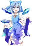  1girl absurdres blue_dress blue_eyes blue_hair bow cirno dress dress_lift eo_(artist) hair_bow highres open_mouth short_hair smile solo touhou wings 