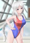  1girl adapted_costume blue_eyes braid breasts competition_swimsuit long_hair one-piece_swimsuit pool silver_hair smile swimsuit touhou wet wet_clothes yagokoro_eirin 