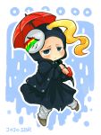  1boy blackmore blonde_hair blue_eyes chibi jojo_no_kimyou_na_bouken lqqivlozz mask rain raincoat solo steel_ball_run umbrella 