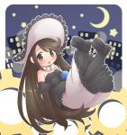  1girl agnes_oblige bare_shoulders black_gloves black_legwear blush bravely_default:_flying_fairy brown_eyes brown_hair building crescent_moon elbow_gloves gears gem gloves hand_on_stomach hat jewelry long_hair looking_at_viewer mizuno_mumomo moon night night_sky oversized_object pantyhose pearl_necklace ring shoes skirt sky solo star strapless sun_hat 