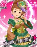  1girl brown_eyes brown_hair character_name corset dress earrings eyebrows feathers frills hair_feathers hair_ornament idolmaster idolmaster_cinderella_girls jewelry jpeg_artifacts looking_at_viewer nail_polish necklace official_art oonishi_yuriko pink_background smile solo 