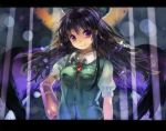  1girl arm_cannon black_hair black_wings bow hair_bow legge letterboxed long_hair looking_at_viewer puffy_sleeves reiuji_utsuho shirt short_sleeves smile solo third_eye touhou vest violet_eyes weapon wings 