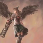  1girl arm_cannon artist_request bow brown_hair hair_bow long_hair mismatched_footwear reiuji_utsuho skirt solo third_eye touhou weapon wings yellow_eyes 