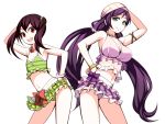  2girls arm_up bikini black_hair bracelet breasts cleavage flat_chest green_eyes hand_on_hip head_scarf jewelry large_breasts long_hair love_live!_school_idol_project multiple_girls navel necklace purple_hair red_eyes simple_background smile swimsuit torigoe_takumi toujou_nozomi twintails white_background yazawa_nico 