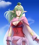  1girl adult bracelet breasts cape chiki deep_rising fire_emblem fire_emblem:_kakusei fire_emblem:_mystery_of_the_emblem gloves green_eyes green_hair hair_ornament jewelry long_hair pointy_ears ponytail ribbon solo 