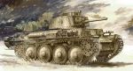  cannon decals flag girls_und_panzer military military_vehicle no_humans panzerkampfwagen_38(t) sdkfz221 smoke snow t-34 tank tundra vehicle 