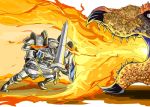  1boy armor battle dragon dragon&#039;s_crown fighter_(dragon&#039;s_crown) fire full_armor horned_helmet matsu-sensei shield sword weapon 
