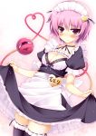  1girl alternate_costume apron black_legwear blush breasts cleavage commentary dress dress_lift enmaided heart heart_of_string highres komeiji_satori kusano_(torisukerabasu) looking_at_viewer maid maid_headdress name_tag puffy_sleeves purple_hair short_hair short_sleeves solo thigh-highs third_eye touhou violet_eyes waist_apron zettai_ryouiki 