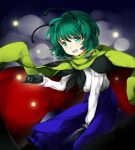  1girl adapted_costume antennae arm_up cape firefly gloves green_eyes green_hair grey_background insect long_sleeves looking_at_viewer ninamo open_mouth pants scarf short_hair sitting solo touhou wriggle_nightbug 