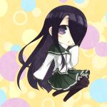  1girl black_hair black_legwear chibi hair_over_one_eye kouji_(campus_life) long_hair original pantyhose purple_eyes school_uniform solo 