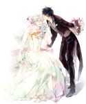  2boys black_hair blue_eyes bouquet bridal_veil bride crossdressinging dress flower formal gintama gloves hijikata_toushirou multiple_boys parody red_eyes sakata_gintoki short_hair silver_hair suit veil wedding wedding_dress wingtemple yaoi 