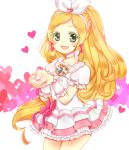  1girl :d blonde_hair bow braid brooch cure_rhythm earrings green_eyes hair_ribbon happy heart jewelry long_hair looking_at_viewer magical_girl minamino_kanade open_mouth precure puffy_sleeves ribbon skirt smile solo suite_precure wrist_cuffs 