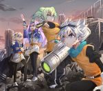  1girl 3boys aqua_eyes blue_eyes building clouds curly_hair fei_rune gillis glasses goggles goggles_on_head green_eyes green_hair gun hairband inazuma_eleven_(series) inazuma_eleven_go inazuma_eleven_go_chrono_stone jacket jaenbba long_hair meia multiple_boys open_mouth purple_hair rubble saryuu_evan sky smile soccer_uniform star very_long_hair violet_eyes weapon 