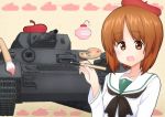  1girl beret brown_eyes brown_hair girls_und_panzer hat military military_vehicle nishizumi_miho paintbrush panzerkampfwagen_iv pen short_hair silhouette smile solo taichou_kobun tank vehicle 