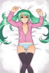  arms_up blue_eyes green_hair hatsune_miku hoodie long_hair lying no_pants on_back panties striped striped_panties thigh-highs thigh_gap twintails underwear unzipped vocaloid yuksi 