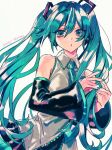  1girl akiyama_enma aqua_eyes aqua_hair blush detached_sleeves fingers_together hatsune_miku headset long_hair nail_polish necktie pleated_skirt shirt skirt sleeveless sleeveless_shirt solo twintails very_long_hair vocaloid white_background 