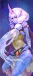  1girl armlet bandages bracelet ccc1812 horn jewelry league_of_legends long_hair pale_skin pointy_ears ponytail pouch purple_skin silver_hair solo soraka strap very_long_hair wide_hips yellow_eyes 