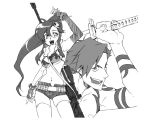  1boy 1girl anti-materiel_rifle arm_up bikini_top breasts fingerless_gloves gloves gun hair_ornament kamina monochrome nonosaki ponytail rifle scarf shirtless short_shorts shorts skull_hair_ornament sniper_rifle sword tattoo tengen_toppa_gurren_lagann thigh-highs under_boob weapon yoko_littner 