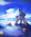  :&lt; blue_eyes clouds creature hat original reflection short_hair silver_hair sky tagme water yilx 