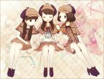  3girls ayu_(mog) a~chan blush brown_eyes brown_hair capelet deerstalker detective doraemon dress hat highres kashiyuka long_hair magnifying_glass multiple_girls nocchi_(perfume) open_mouth perfume short_hair smile 