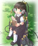  1girl android bangs black_dress black_hair blunt_bangs blush book cable dress gears grass green_eyes heart jewelry looking_at_viewer mizuno_mumomo necklace open_mouth original puffy_short_sleeves puffy_sleeves reading robot_joints shoes short_hair short_sleeves socks solo 